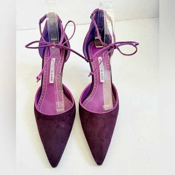 Manolo Blahnik Plum Purple Suede Leather Leyan 70mm ankle tie pumps EU 40.5 - Picture 3 of 10